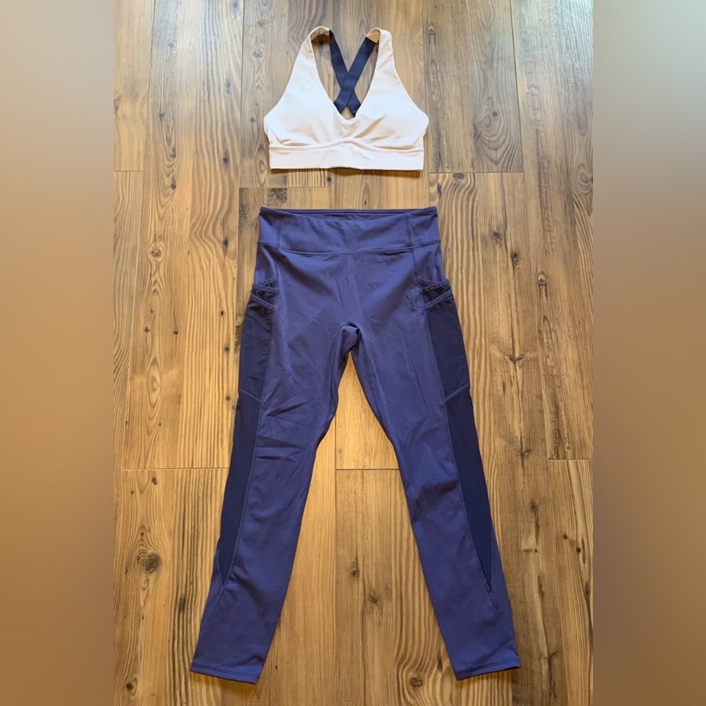 Fabletics Aegean Purple Pocket Trinity Mid-Rise 7/8 Leggings M w/All Day Bra S